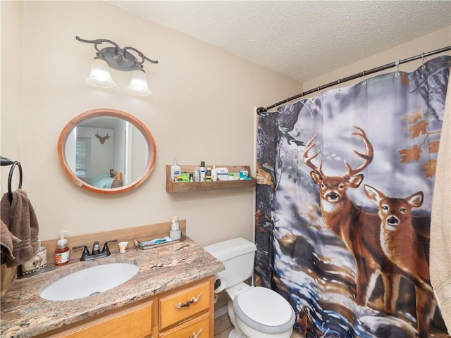 bathroom featuring vanity, a textured ceiling, and toilet