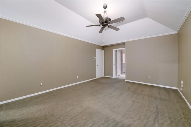 carpeted spare room with ornamental molding, ceiling fan, and lofted ceiling