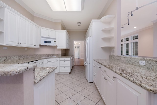 kitchen with white appliances, white cabinets, crown molding, light stone counters, and kitchen peninsula