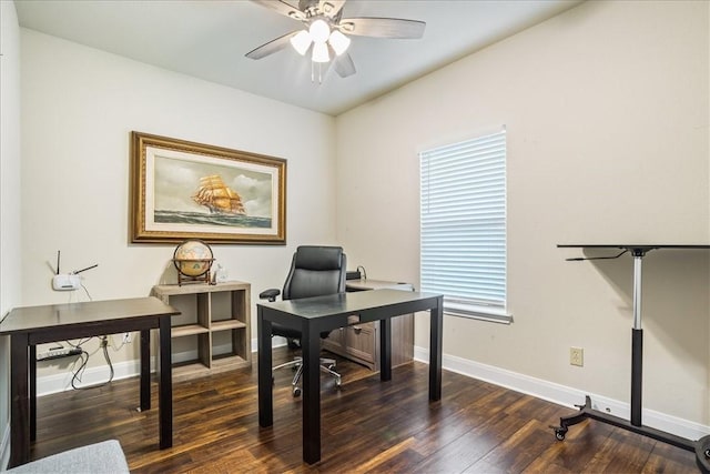 home office featuring ceiling fan, wood finished floors, and baseboards