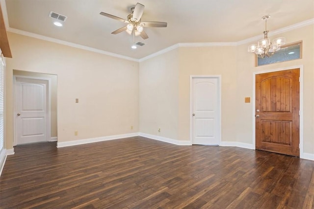 interior space with visible vents, baseboards, dark wood-style flooring, crown molding, and ceiling fan with notable chandelier