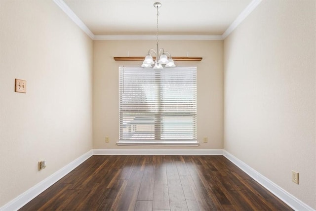 unfurnished dining area featuring a chandelier, dark wood-type flooring, crown molding, and baseboards