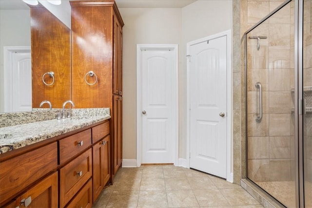 full bath with tile patterned flooring, a shower stall, and vanity