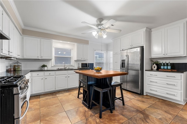 kitchen featuring a sink, white cabinets, ornamental molding, and stainless steel appliances