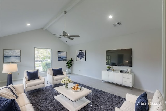 carpeted living room with ceiling fan, beam ceiling, and high vaulted ceiling