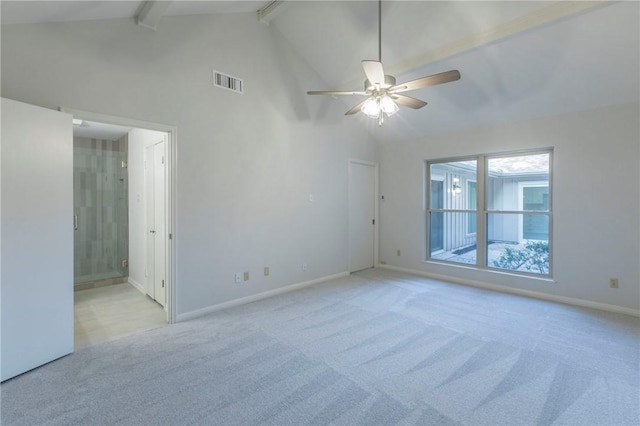 carpeted spare room with beam ceiling, high vaulted ceiling, and ceiling fan