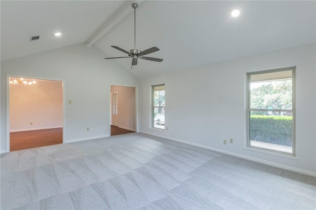 unfurnished room featuring beamed ceiling, light colored carpet, high vaulted ceiling, and ceiling fan