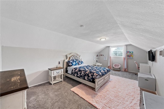 bedroom featuring vaulted ceiling, carpet flooring, and a textured ceiling