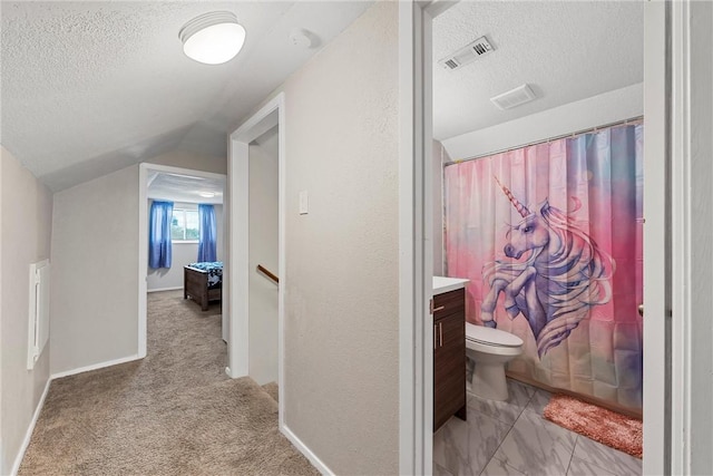 bathroom featuring vanity, vaulted ceiling, a textured ceiling, and toilet