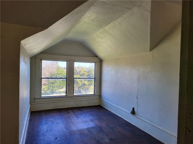 additional living space featuring vaulted ceiling and dark wood-type flooring