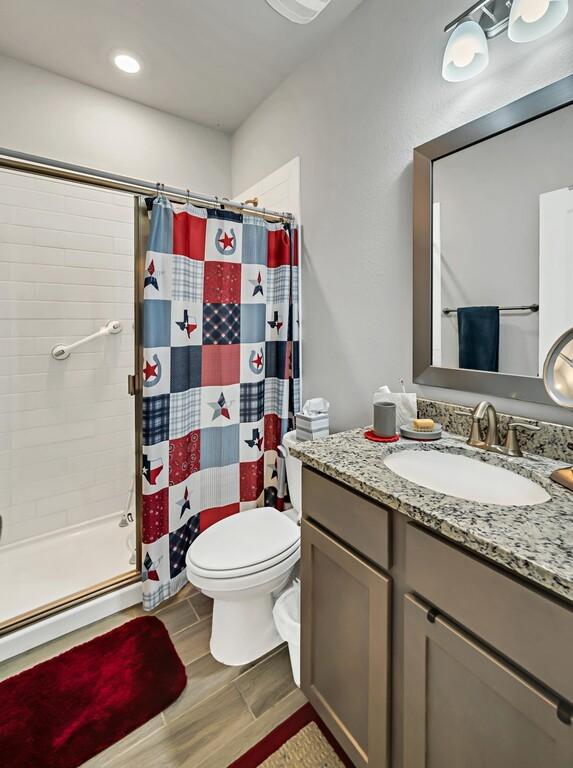 bathroom featuring a shower with shower curtain, vanity, toilet, and hardwood / wood-style flooring