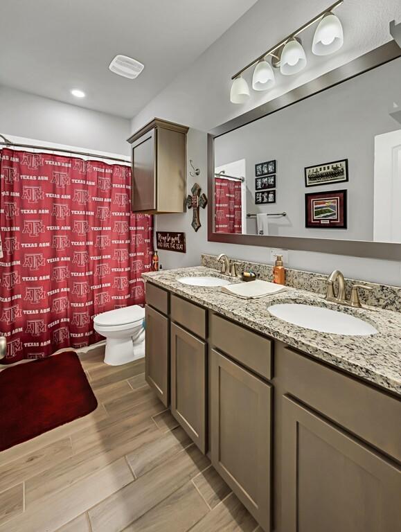 bathroom with hardwood / wood-style flooring, vanity, and toilet