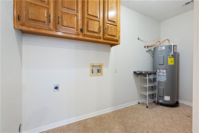 laundry room with cabinets, washer hookup, electric dryer hookup, electric water heater, and a textured ceiling