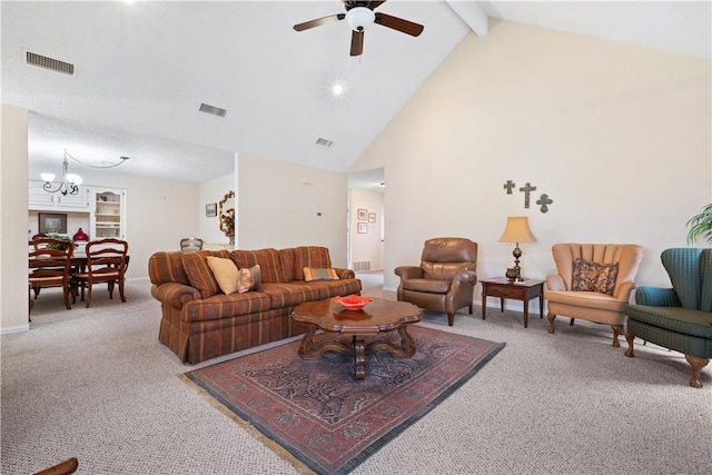 living room featuring beamed ceiling, carpet floors, ceiling fan with notable chandelier, and high vaulted ceiling