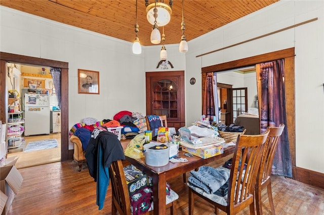 dining area featuring wood ceiling and hardwood / wood-style flooring