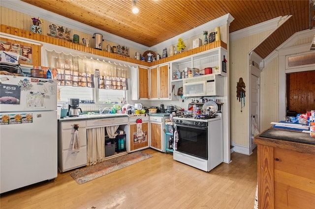 kitchen with open shelves, white appliances, wood ceiling, and crown molding