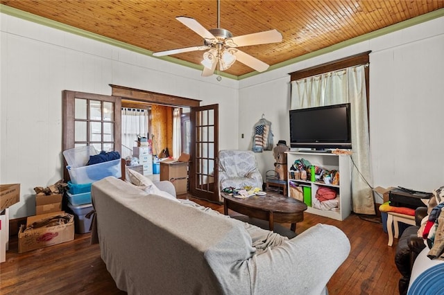 living area featuring a ceiling fan, wooden ceiling, hardwood / wood-style flooring, and french doors