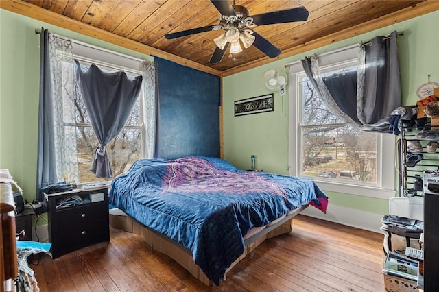 bedroom with wooden ceiling, baseboards, ceiling fan, and wood-type flooring