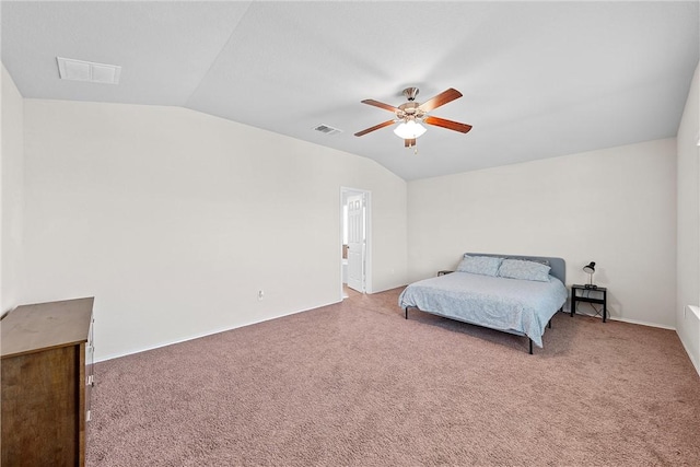 bedroom featuring ceiling fan and vaulted ceiling