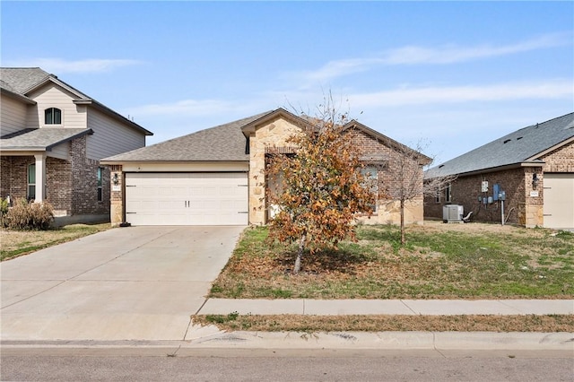 view of front of house featuring an attached garage, central air condition unit, driveway, stone siding, and roof with shingles