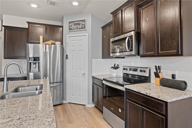 kitchen with visible vents, light wood-style flooring, stainless steel appliances, dark brown cabinets, and a sink