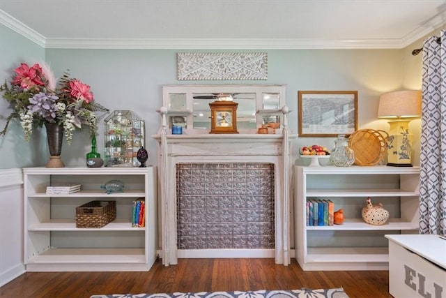 interior details featuring ceiling fan, wood-type flooring, and ornamental molding