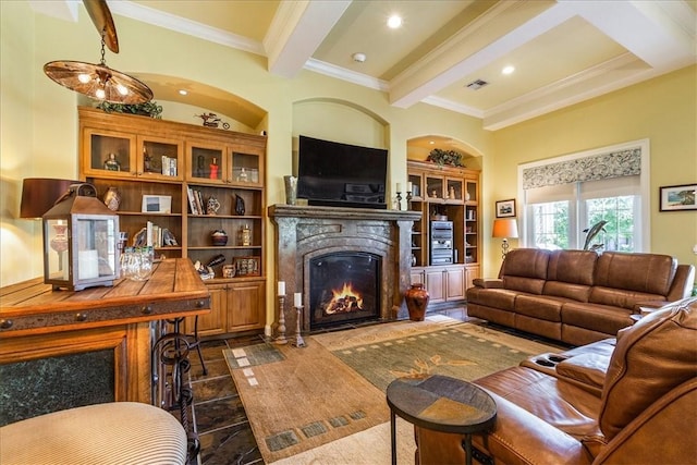 living room featuring crown molding, beam ceiling, and a high end fireplace