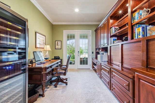 office area featuring ornamental molding, light colored carpet, and french doors