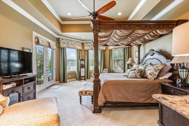 carpeted bedroom featuring access to outside, recessed lighting, and crown molding