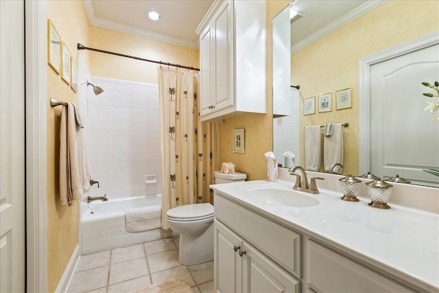 full bathroom featuring tile patterned floors, ornamental molding, vanity, and shower / bath combo