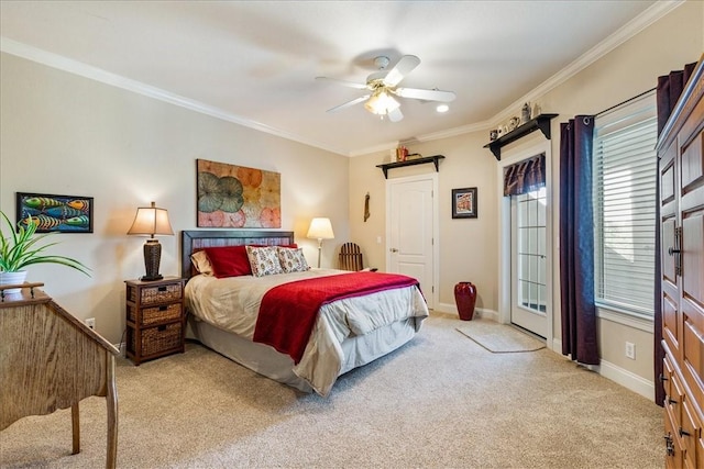 bedroom with ornamental molding, light carpet, and ceiling fan