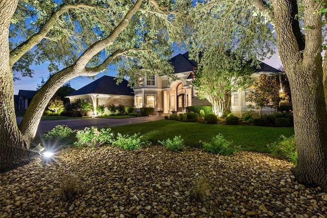 obstructed view of property with driveway and a front lawn