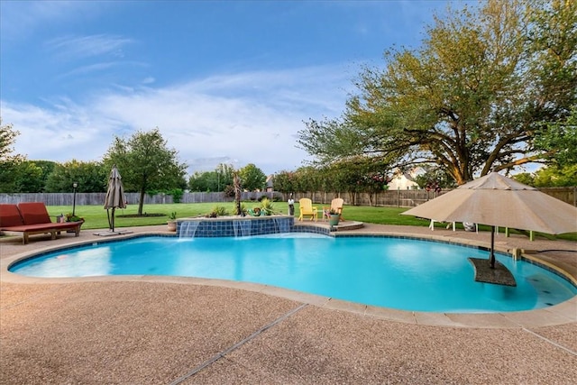 view of swimming pool with a patio area, a fenced backyard, a fenced in pool, and a lawn