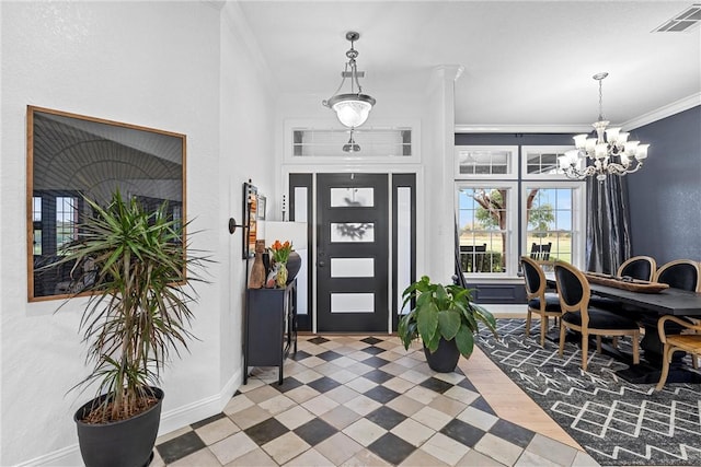 entryway with wood-type flooring, ornamental molding, and a chandelier