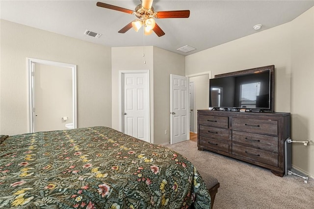 bedroom with light colored carpet and ceiling fan