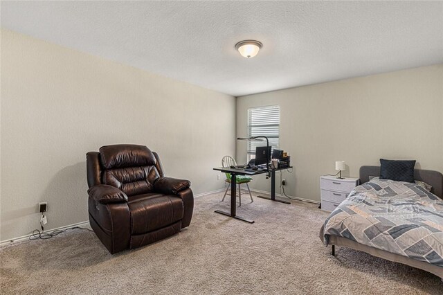 bedroom featuring light carpet and a textured ceiling