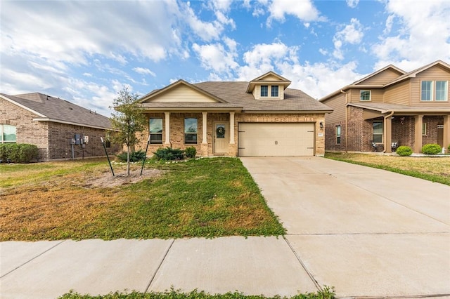 craftsman inspired home with a garage and a front lawn