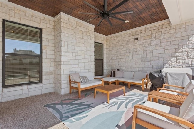 view of patio / terrace featuring ceiling fan, area for grilling, and an outdoor hangout area