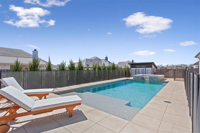 view of pool featuring a patio area, a pool with connected hot tub, and fence