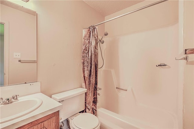 full bathroom with vanity, a textured ceiling, toilet, and shower / bathtub combination with curtain