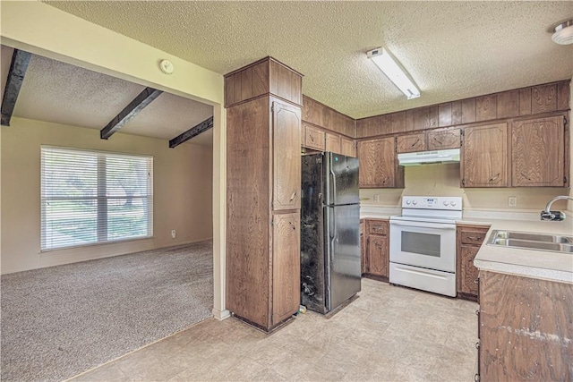 kitchen with light carpet, black fridge, white electric range, sink, and beamed ceiling