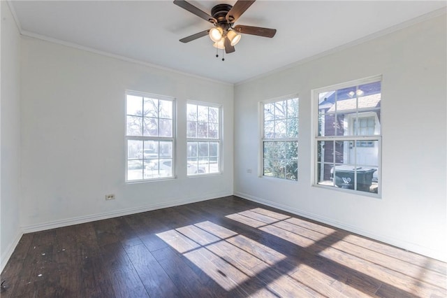 unfurnished room with ceiling fan, dark hardwood / wood-style flooring, and crown molding