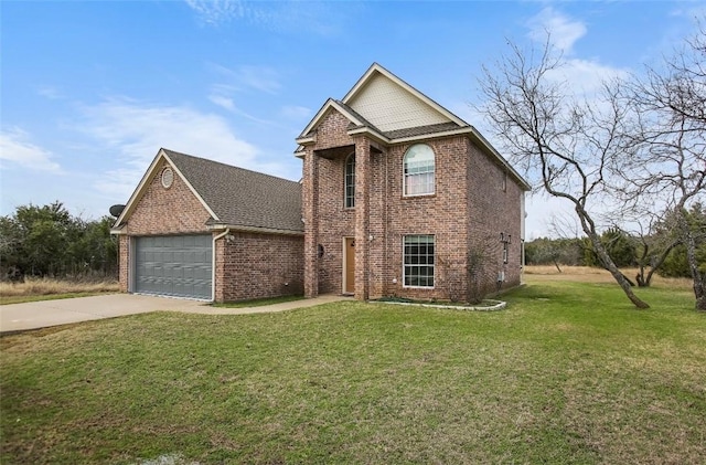 traditional home with a garage, concrete driveway, brick siding, and a front yard