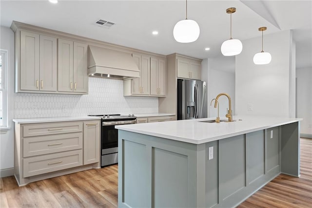 kitchen featuring pendant lighting, custom exhaust hood, gray cabinets, and stainless steel appliances