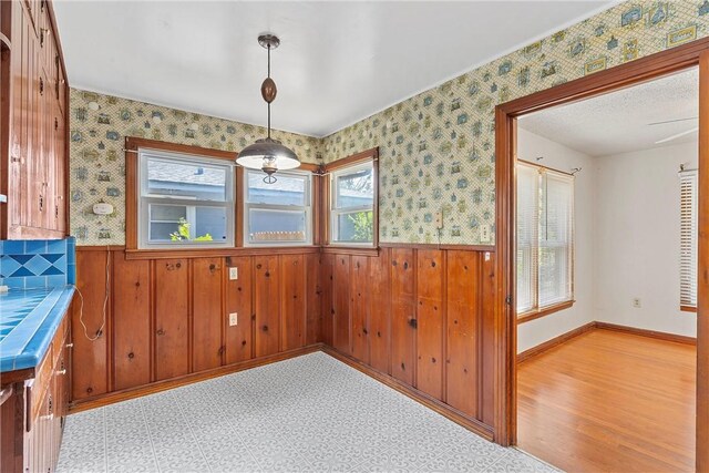 unfurnished dining area featuring light hardwood / wood-style flooring and wooden walls