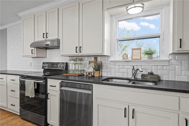 kitchen with dark countertops, appliances with stainless steel finishes, under cabinet range hood, and a sink