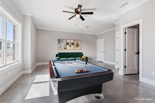 game room featuring ceiling fan, a wealth of natural light, ornamental molding, and pool table