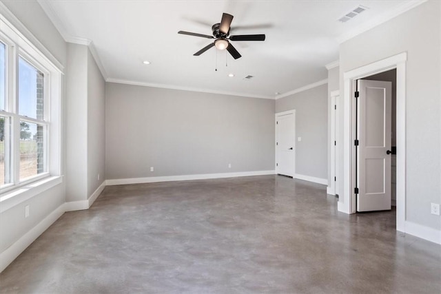 unfurnished room with crown molding and ceiling fan