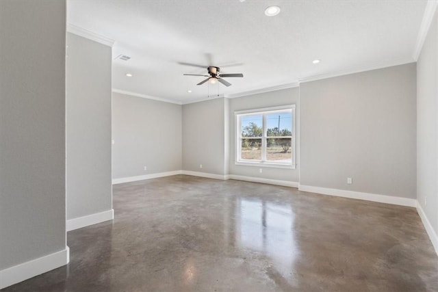 empty room with ceiling fan and ornamental molding