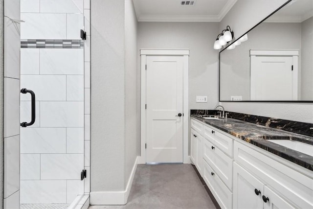 bathroom featuring concrete flooring, vanity, an enclosed shower, and ornamental molding